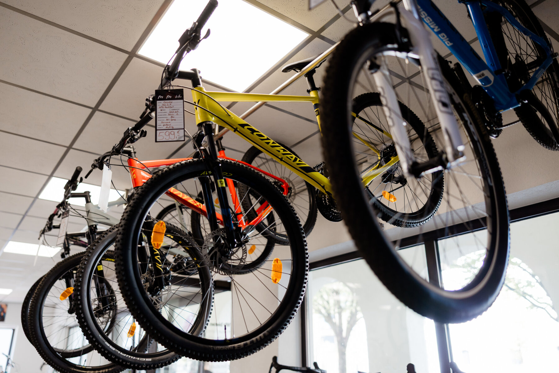 Hängende Fahrräder im Geschäft bei Momo Bike